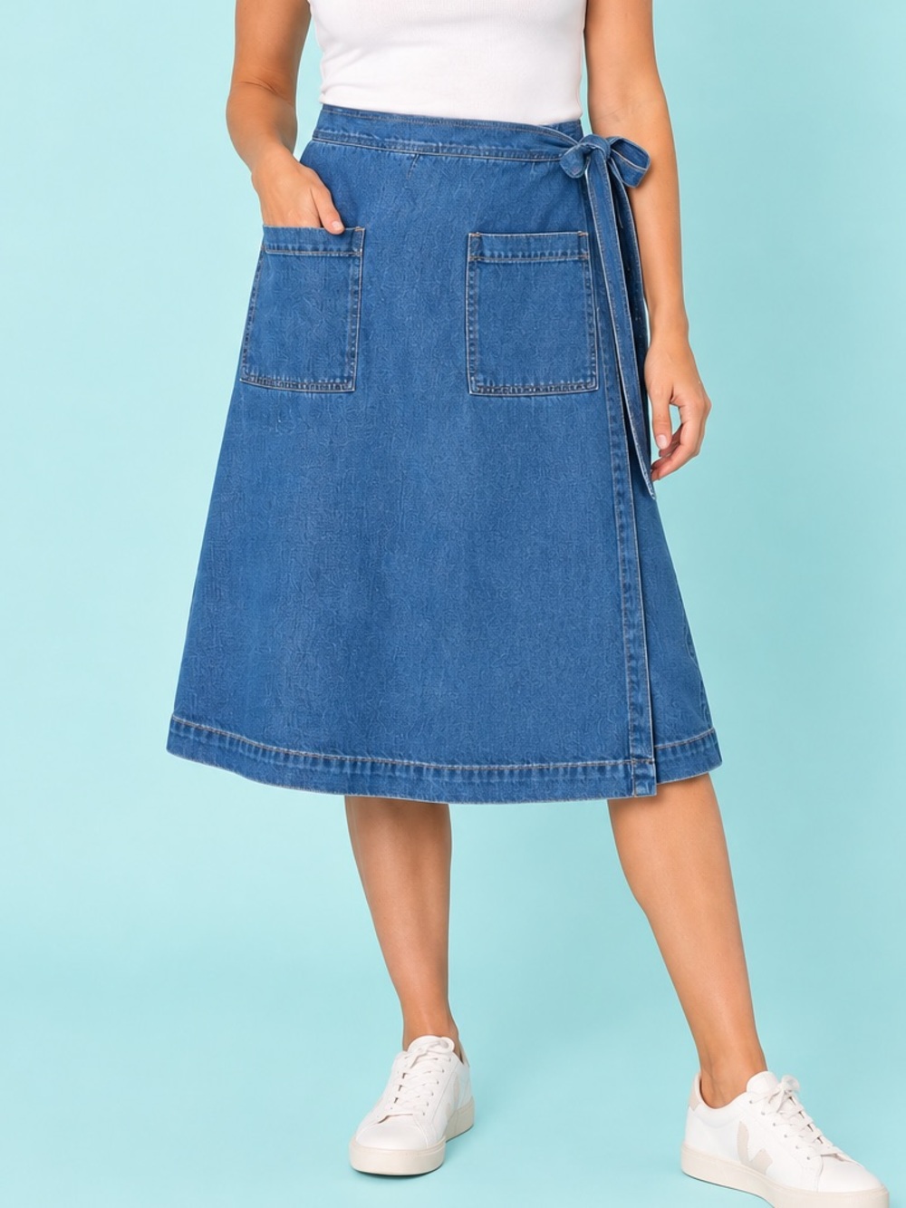 Gap Denim Wrap Skirt XL Medium Wash Tie Waist Patch Pockets Midi 100% Cotton